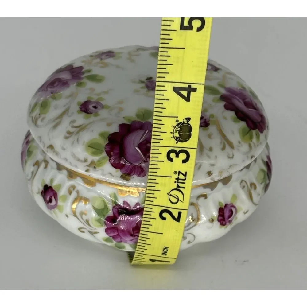 Vintage 1930's Hand Painted Floral & Gold Gild China Round Trinket Dish With Lid